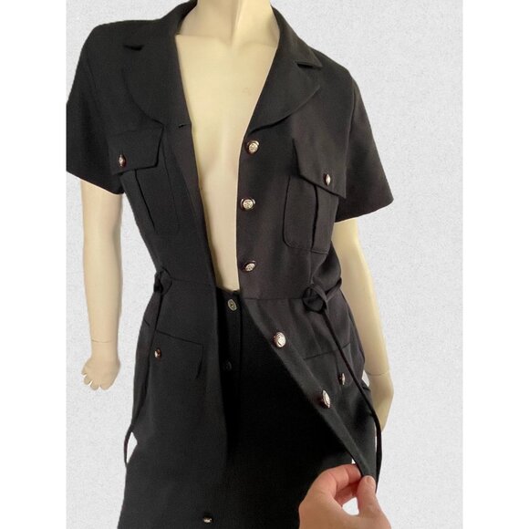 1980s Black Dress, Size L, Midi-Length Button Down Dress by V.I.P. Petites - Picture 5 of 11